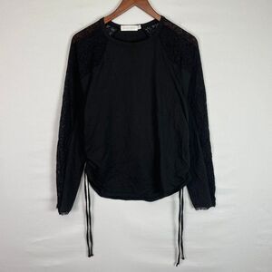 Jonathan Simkhai Long Sleeve Crew Neck Lace Side Cinched Cotton Top Black L
